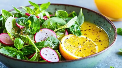 Fresh spring salad with radishes, lemon, and herbs.  Healthy food photography for recipe websites