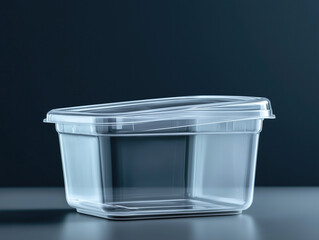Transparent Plastic Food Container on Dark Background: Versatile Storage Solution for Kitchen and Meal Prep