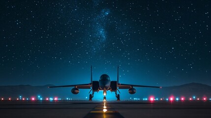 Jet fighter poised on the runway at night under a starry sky with blue tones
