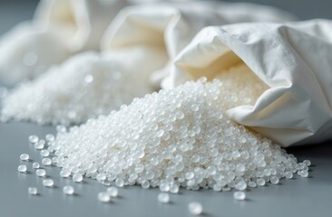 Transparent plastic pellets in a bag on the background of a warehouse
