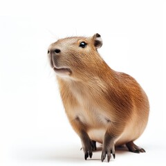 Fototapeta premium Capybara stands alone on a white background showcasing its unique features and gentle demeanor while observing its surroundings in a tranquil setting