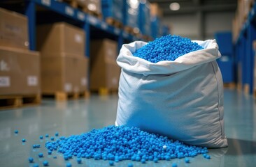 Blue plastic pellets in a bag on the background of a warehouse