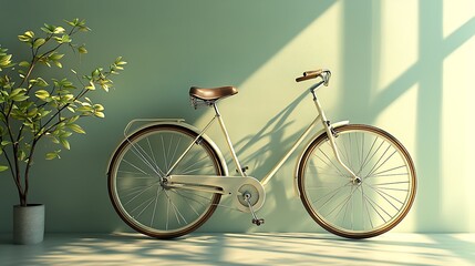 Classic White Bicycle Leans Against A Light Green Wall