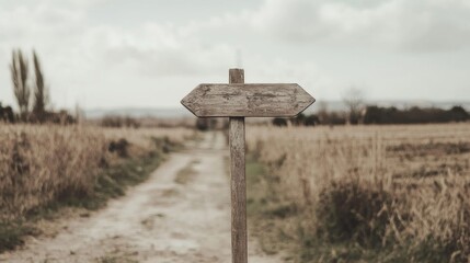 Rustic wooden signpost on a rural path.