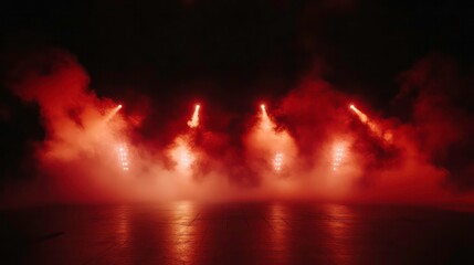Free stage with lights and smoke, Empty stage with red spotlights, conser, show, party, Presentation concept. Red spotlight strike on black background