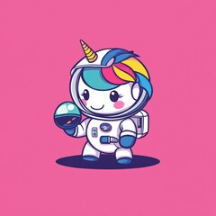 Cartoon unicorn astronaut holding a sphere, on plain background, concept for children