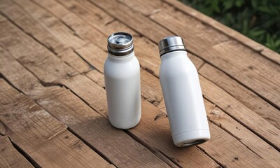 High angle view of white stainless steel thermos bottle on outdoor wooden table, outdoor, hydration