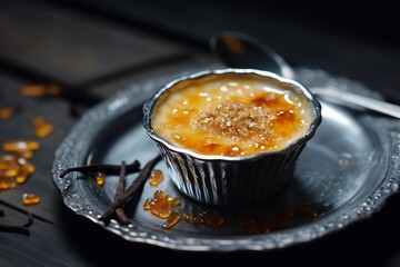 caramelized dessert crème brûlée styled with metallic decor and shadow interplay. The dessert, with its perfectly torched golden crust, is served in a brushed silver ramekin