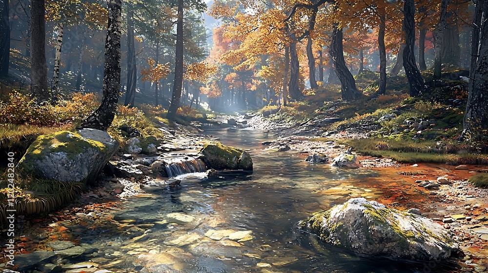 Poster autumn stream flows through golden forest