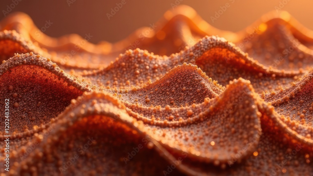 Poster abstract design of mocha mousse liquid waves flowing in seamless mesh pattern, glowing with vibrant 
