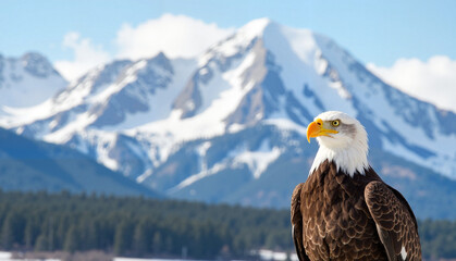 Fototapeta premium Bald eagle perched against snowy mountain backdrop