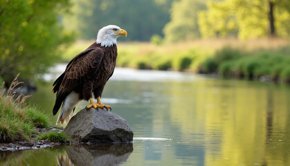 Fototapeta premium Bald eagle perched on rock by serene river