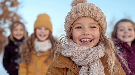 Obraz premium Happy girls playing in snowy winter landscape