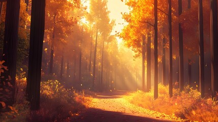 Fototapeta premium Golden Autumn Path Through Sunlit Forest Trees