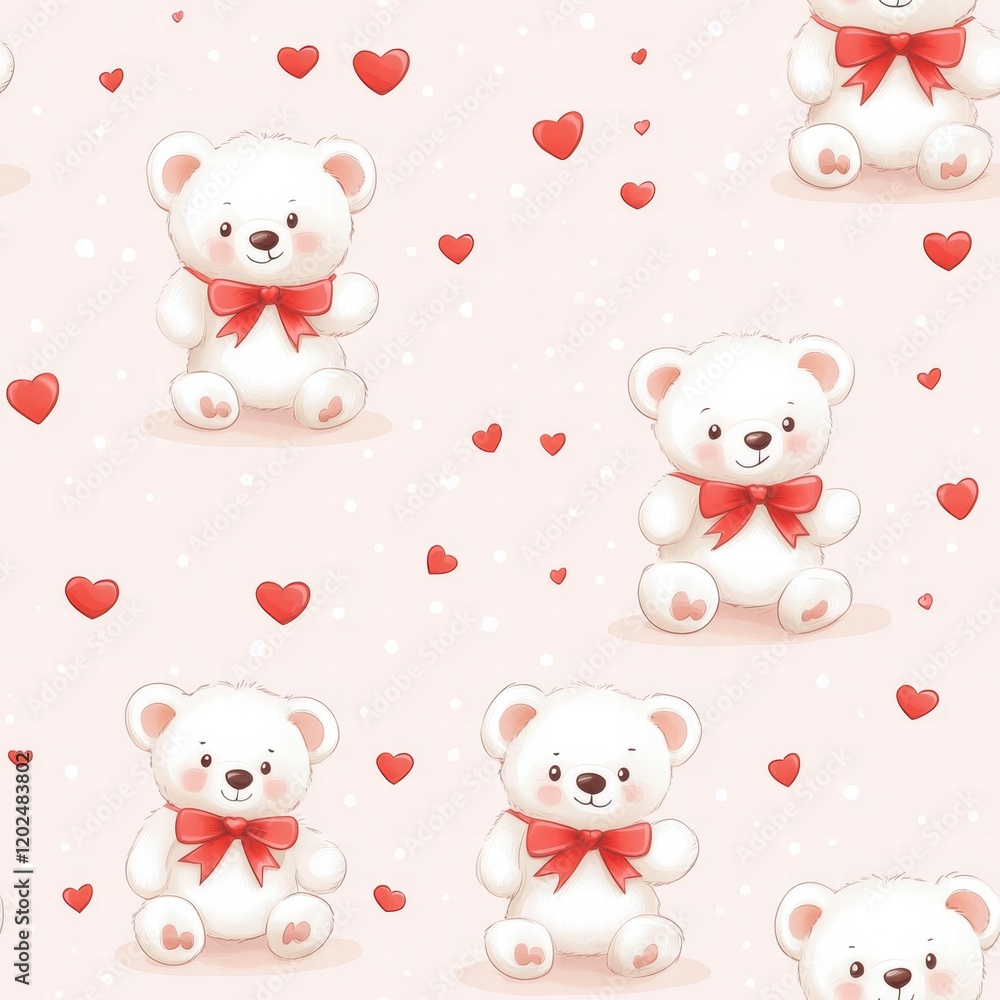 Poster cute teddy bear pattern with red hearts on a soft pink background ideal for childrens decor and text