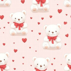 Cute teddy bears with red bows and hearts on a soft pink background for childrens decor and celebrations. Generative AI