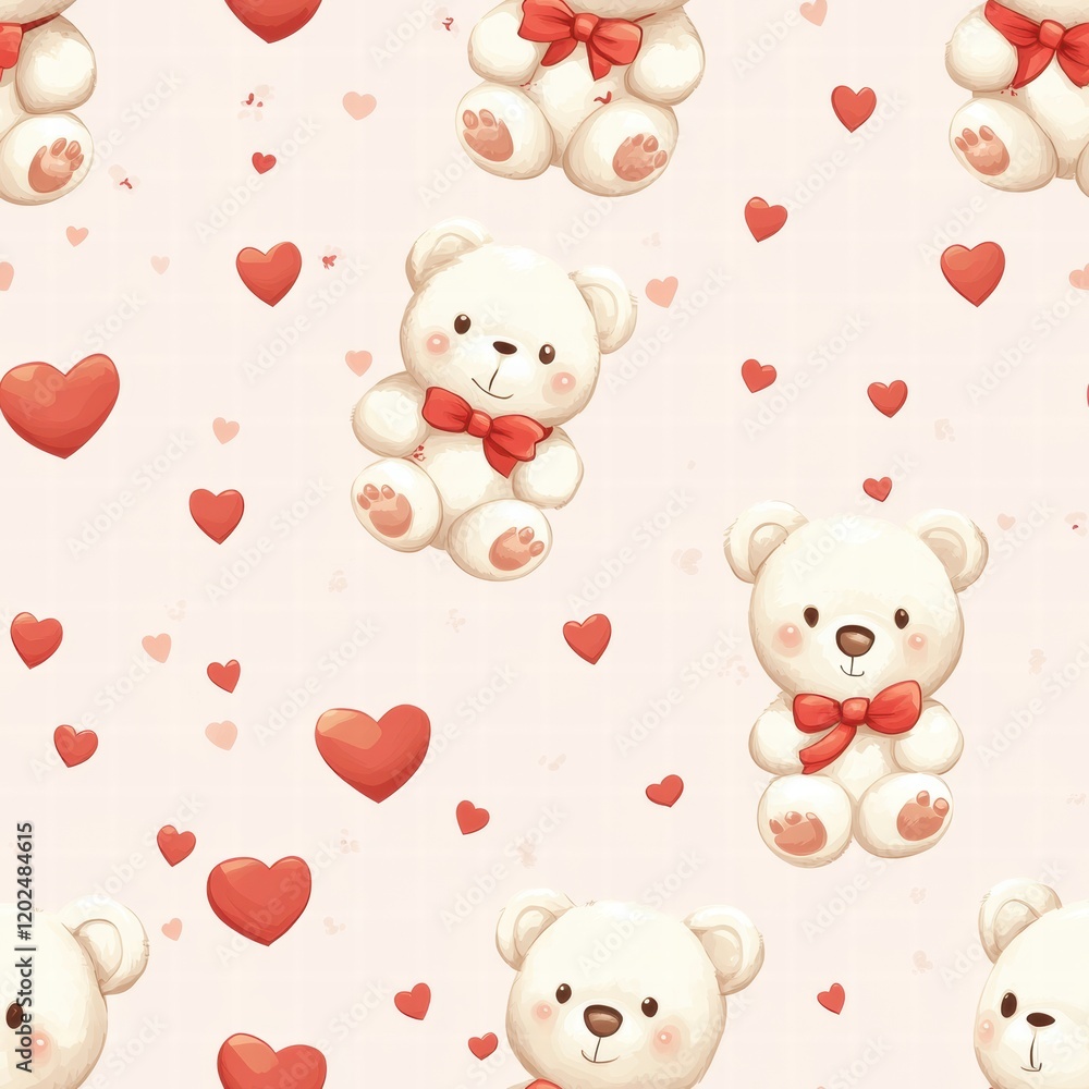 Poster Cute teddy bears with red bows and hearts create a cheerful pattern on a light background. Generative AI