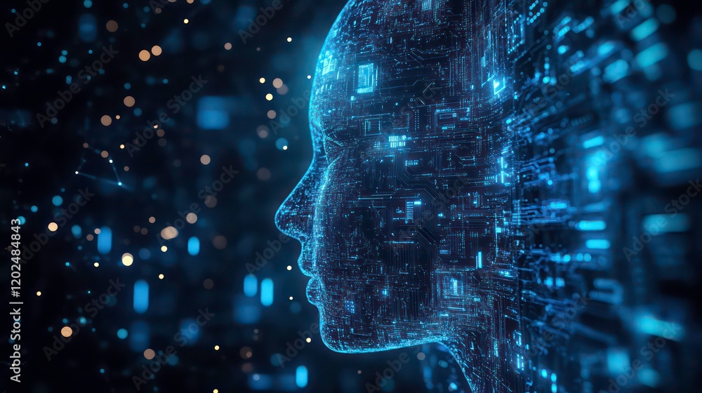 Poster futuristic dark blue ai technology background with circuit patterns and digital data flow