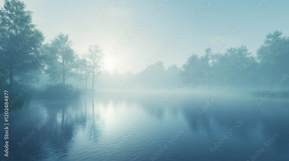 Poster a misty lake surrounded by trees under a foggy sky creating a serene and calm atmosphere