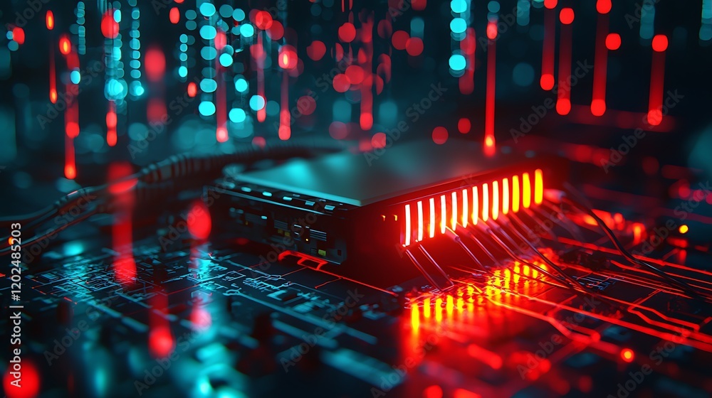 Poster futuristic server hardware illuminated in red and blue light