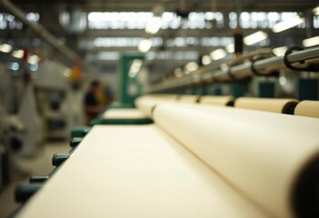 Fototapeta premium Textile factory features a conveyor belt system, moving fabric rolls steadily during the production phase in modern manufacturing facility.