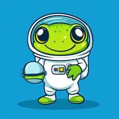Obraz premium Frog astronaut smiles and holds helmet in space. Use kids books or posters