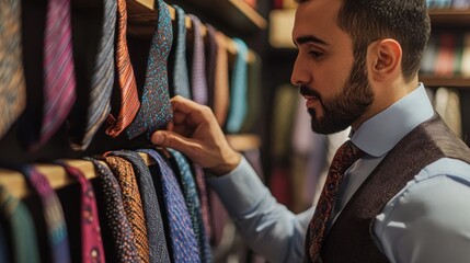 Man carefully selects a tie from a wide array of colorful neckties in a shop.