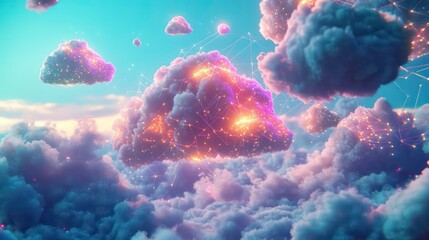 Futuristic green digital city with glowing lines and abstract architecture. This artwork features a high-tech cityscape with a network of interconnected structures and pathways.