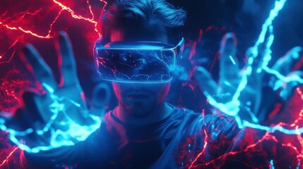 Fototapeta premium Man wearing VR headset, hands glowing with energy, immersed in virtual reality.