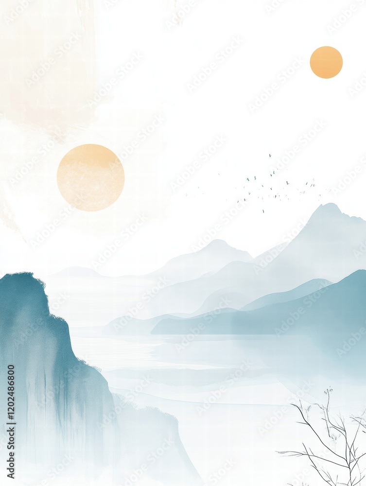 Poster Nature inspired planner layout featuring abstract elements like sun, clouds, and mountains for daily organization and creativity. Generative AI