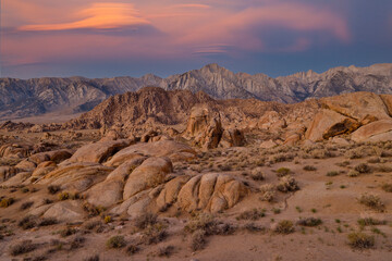 USA, California, Lone Pine, Inyo County. Alabama Hills morning light on rock formation and Sierra Mountains backdrop