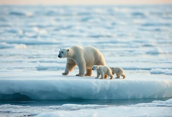 Mother polar bear guides her cubs across a large icy surface in the Arctic Ocean during a serene afternoon.