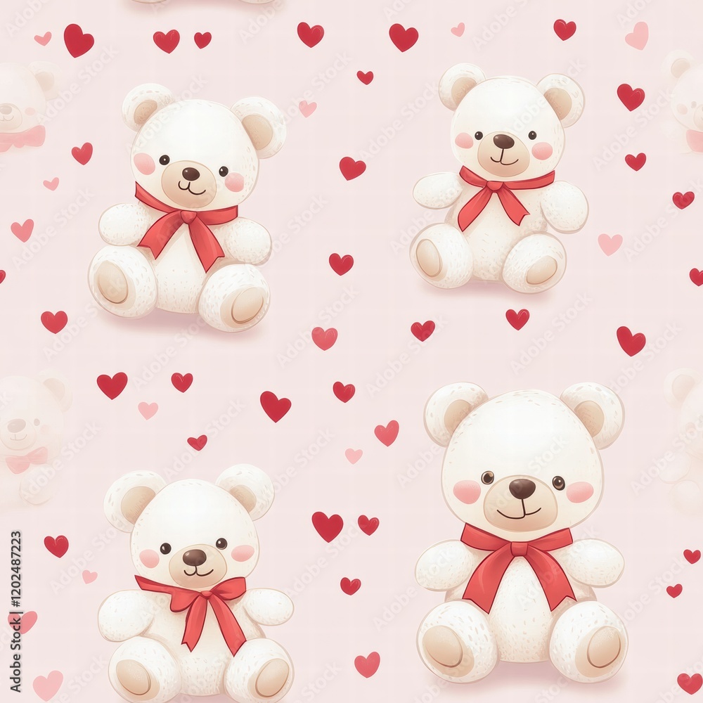 Aufkleber cute bears with red bows surrounded by hearts on a soft pink background. generative ai