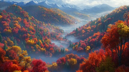 Misty autumn valley with colorful foliage and snow-capped mountains.