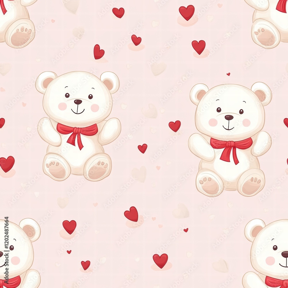 Aufkleber Cute bears with red bows surrounded by hearts create a playful and charming pattern on a light pink background. Generative AI