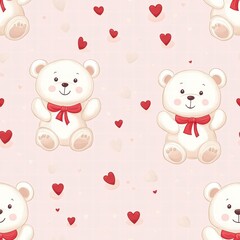 Fototapeta premium Cute bears with red bows surrounded by hearts create a playful and charming pattern on a light pink background. Generative AI