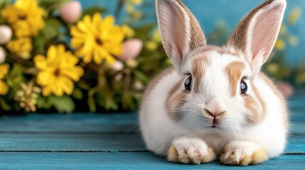 Obraz premium Stylish fashionable Easter bunny posing alongside vibrant spring flowers on a blue wooden surface