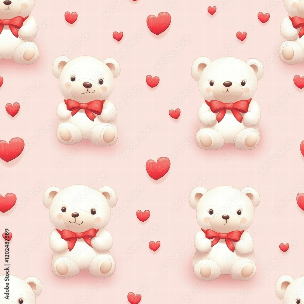 Poster cute bear pattern with red hearts on a soft pink background ideal for crafts and decorations. genera