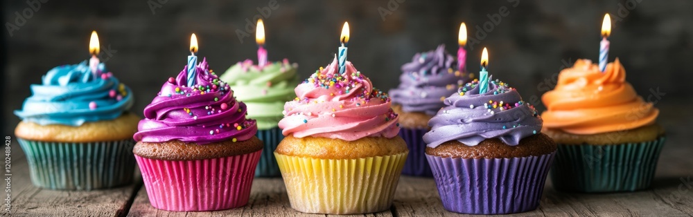 Poster an overhead view captures an array of vibrant birthday cupcakes topped with colorful frosting, sprin