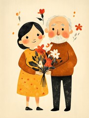 ilustracja, styl dziecięcy, babcia, dziadek, wnuczek, kartka okolicznościowa, Dzień Babci i Dziadka, kwiaty, prosta ilustracja, kolorowa grafika, ciepła atmosfera, miłość rodzinna, radosny nastr&oacute;j, pa