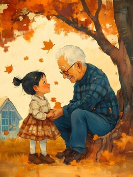 ilustracja, styl dziecięcy, babcia, dziadek, wnuczek, kartka okolicznościowa, Dzień Babci i Dziadka, kwiaty, prosta ilustracja, kolorowa grafika, ciepła atmosfera, miłość rodzinna, radosny nastr&oacute;j, pa