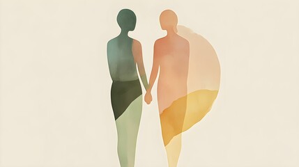 minimalizm, ilustracja, abstrakcyjne postacie, trzymanie się za ręce, gładkie linie, pastelowe kolory, różowy, zieleń szałwii, beżowy, połączenie, równowaga, harmonia emocjonalna, nowoczesny styl, szt