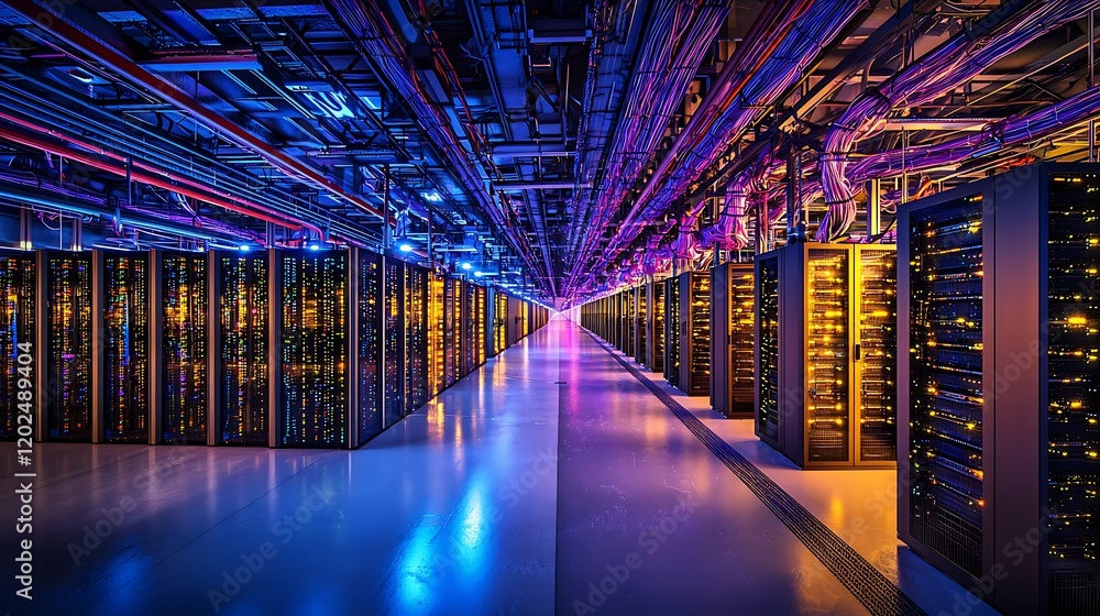 Poster illuminated server room rows of advanced technology