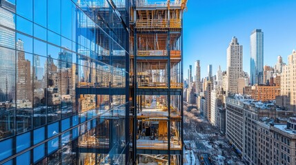 Modern skyscraper under construction against a cityscape backdrop.