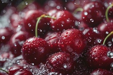 Fresh cherries glisten with water droplets in a striking close-up against a dark background