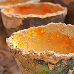 Fototapeta premium Closeup Rustic Textured Ceramic Pots Orange Yellow Green