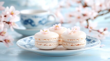 Freshly baked pastel macarons served on a decorative plate with cherry blossoms in a tranquil setting