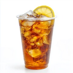 Tall clear plastic takeaway cup filled with iced tea and garnished with a lemon slice in a bright setting
