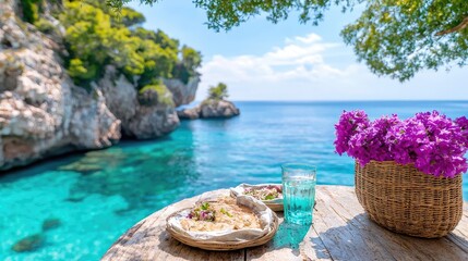 Obraz premium Coastal lunch turquoise sea, flowers, food. Perfect vacation imagery
