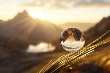 Obraz premium Crystal ball reflecting a majestic mountain sunset, showcasing nature's beauty.